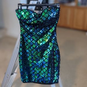 Blue/Green Sequin Strapless Mermaid Dress - Size S